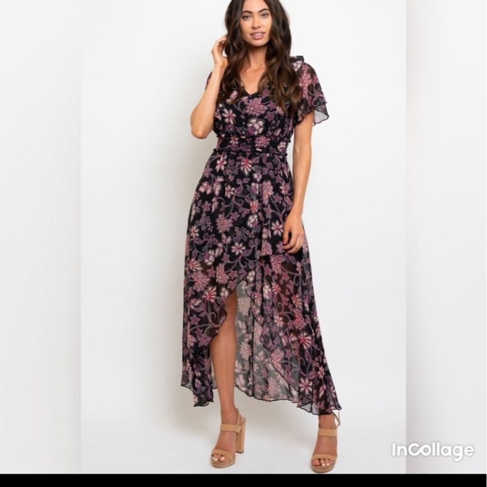 Boho Festival Black Pink Floral Fairy Flowy Faux Wrap High Low Maxi Dress M